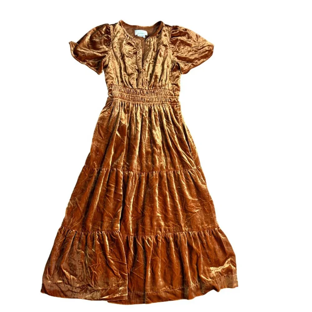 Anthropologie Somerset Velvet Maxi Dress size XS copper orange yellow honey tier - Picture 7 of 11